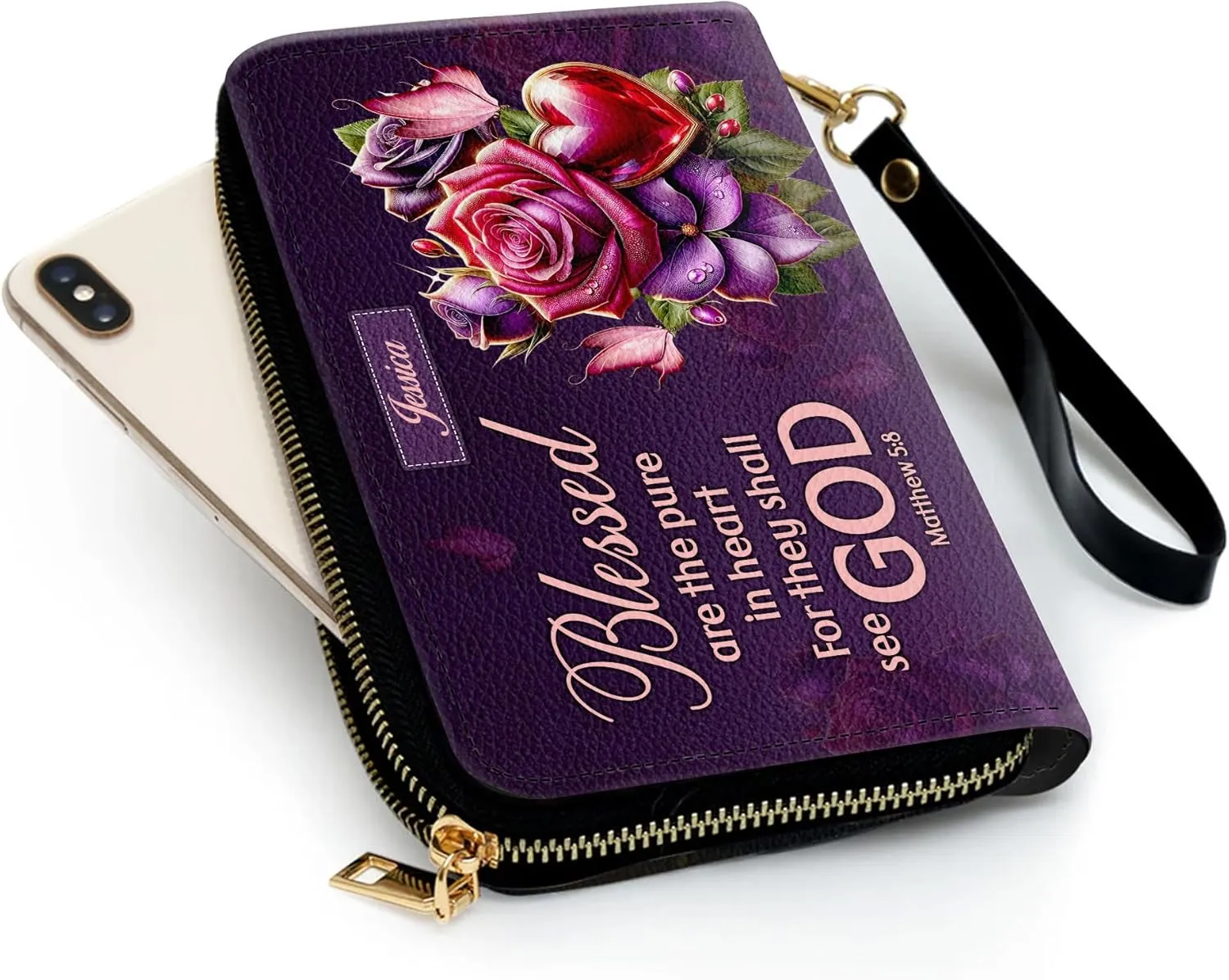 Personalized Leather Bible Clutch Wristlet Wallet for Women – Custom Name Christian Gifts, Ideal Religious Purse for Church, Mother’s Day Gift (God Blessed)