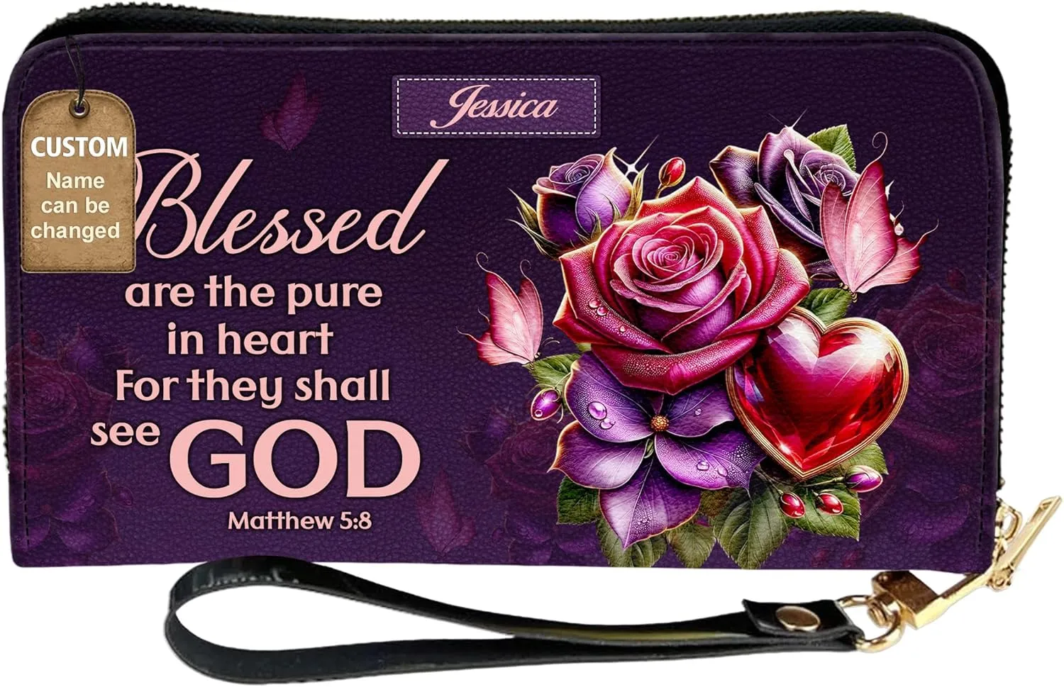 Personalized Leather Bible Clutch Wristlet Wallet for Women – Custom Name Christian Gifts, Ideal Religious Purse for Church, Mother’s Day Gift (God Blessed)