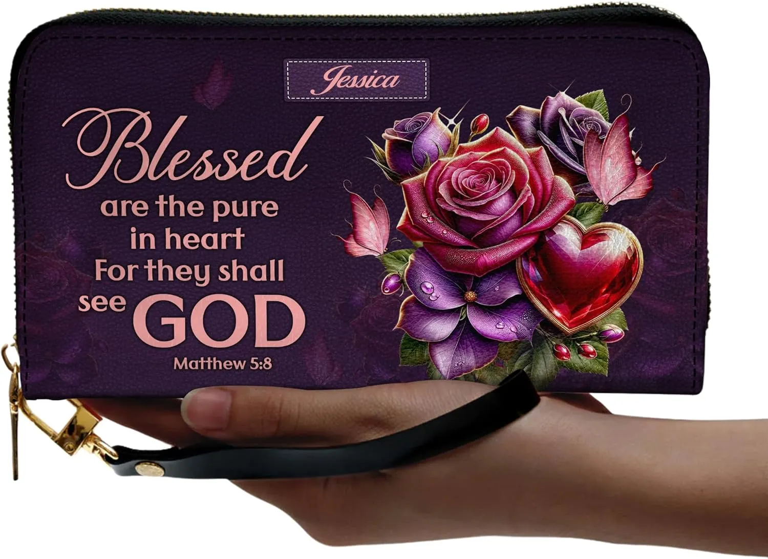 Personalized Leather Bible Clutch Wristlet Wallet for Women – Custom Name Christian Gifts, Ideal Religious Purse for Church, Mother’s Day Gift (God Blessed)