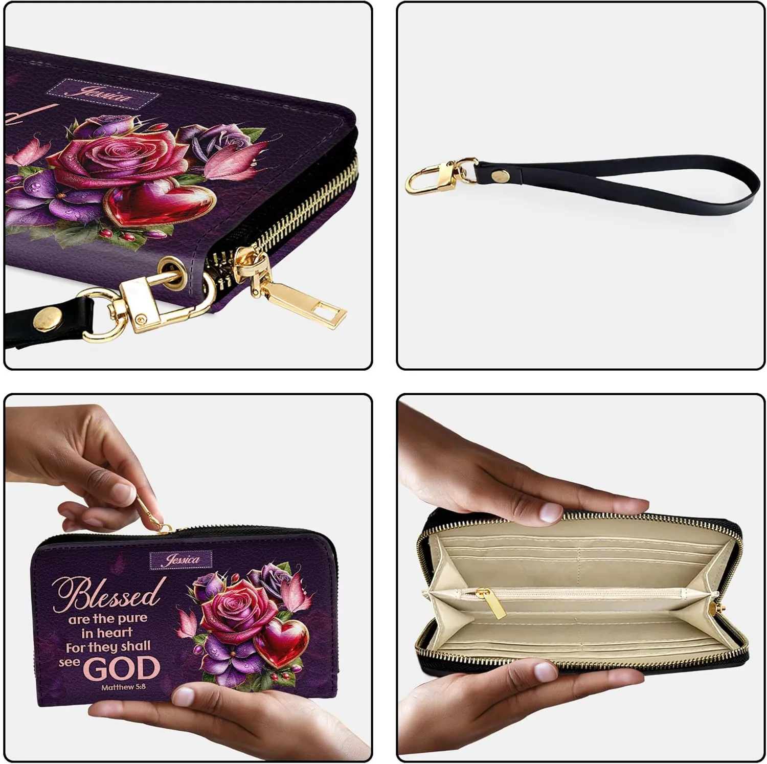 Personalized Leather Bible Clutch Wristlet Wallet for Women – Custom Name Christian Gifts, Ideal Religious Purse for Church, Mother’s Day Gift (God Blessed)