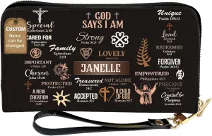 Personalized Leather Bible Clutch Wristlet Wallet for Women – Custom Name Christian Gifts, Ideal Religious Purse for Church, Mother’s Day Gift (God Say I Am)