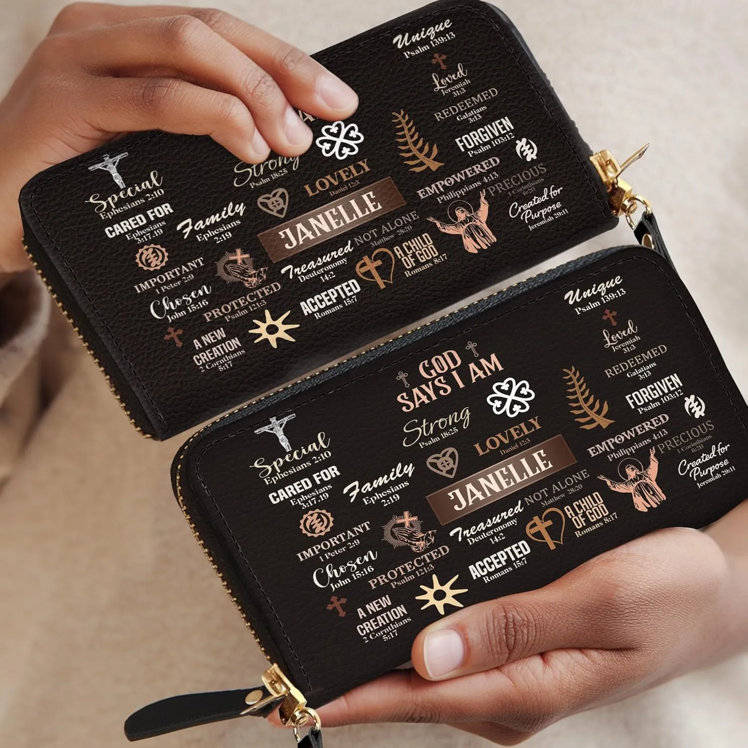 Personalized Leather Bible Clutch Wristlet Wallet for Women – Custom Name Christian Gifts, Ideal Religious Purse for Church, Mother’s Day Gift (God Say I Am)