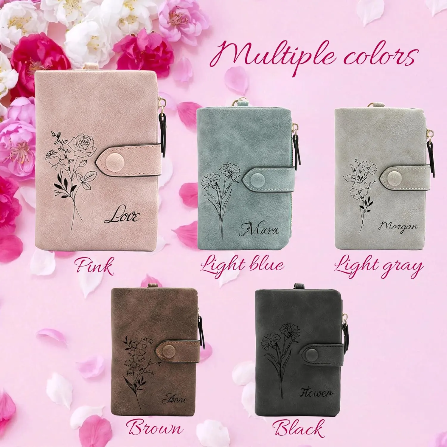 Personalized Wallets for Women, Custom Floral Design Zippered Clutch with Detachable Wrist Strap, Love Gift for Mother, Girlfriend, Women (Light blue)