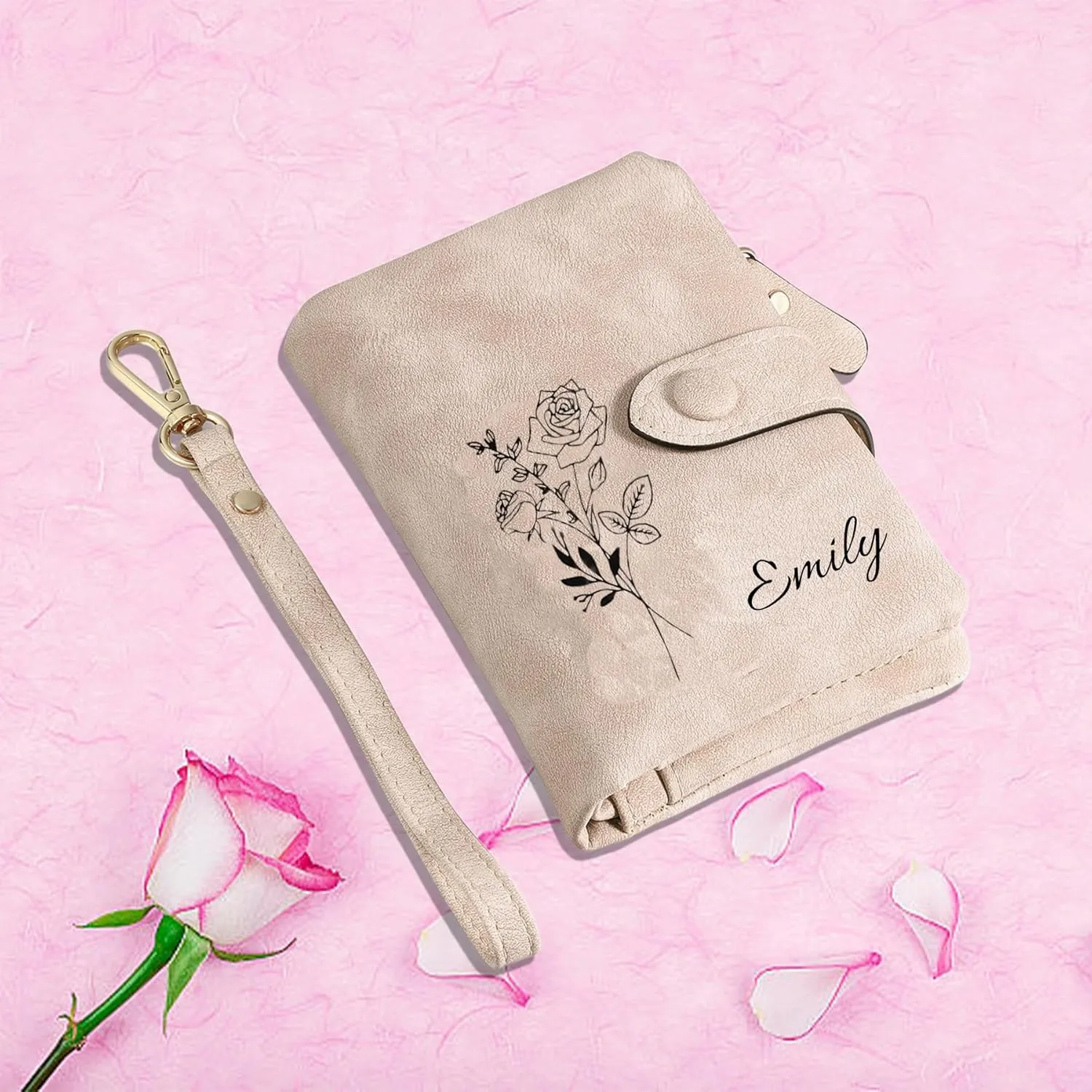 Personalized Wallets for Women, Custom Floral Design Zippered Clutch with Detachable Wrist Strap, Love Gift for Mother, Girlfriend, Women (Light blue)