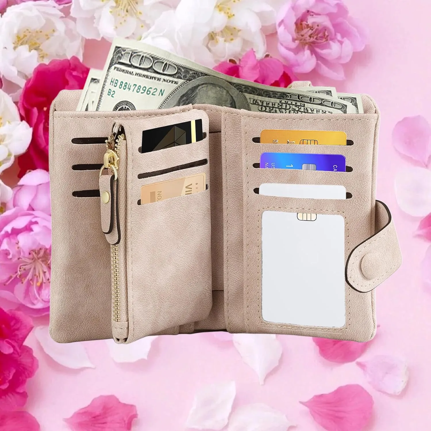 Personalized Wallets for Women, Custom Floral Design Zippered Clutch with Detachable Wrist Strap, Love Gift for Mother, Girlfriend, Women (Light blue)