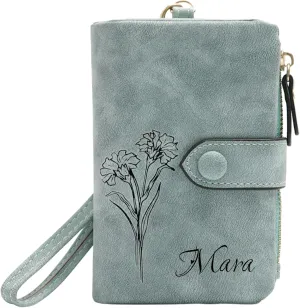 Personalized Wallets for Women, Custom Floral Design Zippered Clutch with Detachable Wrist Strap, Love Gift for Mother, Girlfriend, Women (Light blue)