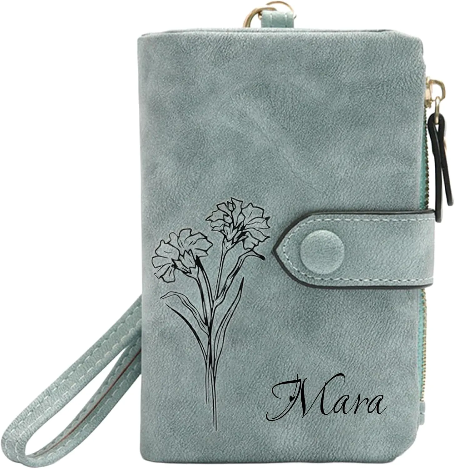 Personalized Wallets for Women, Custom Floral Design Zippered Clutch with Detachable Wrist Strap, Love Gift for Mother, Girlfriend, Women (Light blue)
