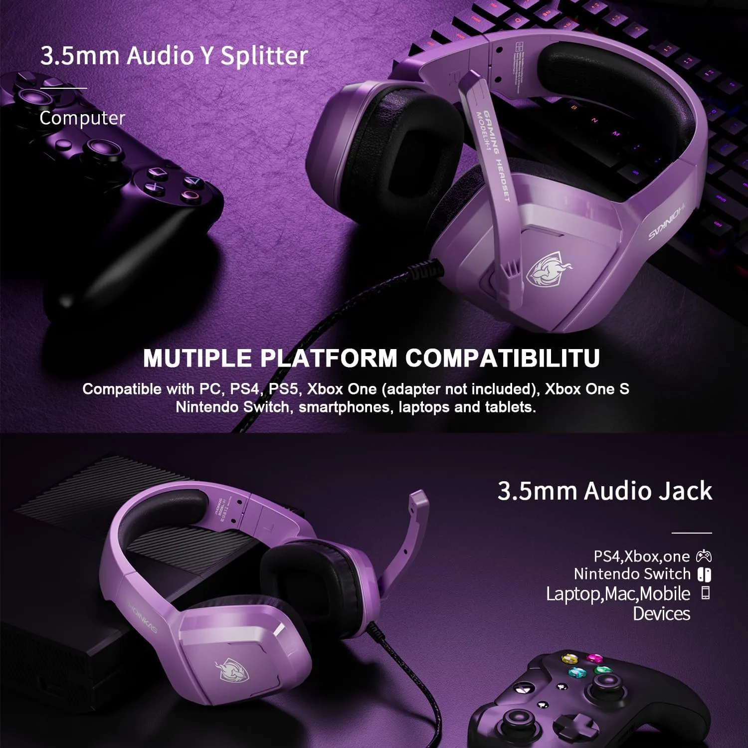 PHOINIKAS Gaming Headset for PS4, PS5, PC, Laptop, Stereo Over Ear Gaming Headphones with Noise-Canceling Mic, Gaming Headsets for XboxOne, Switch, Laptop, Mac, Phone (Purple)