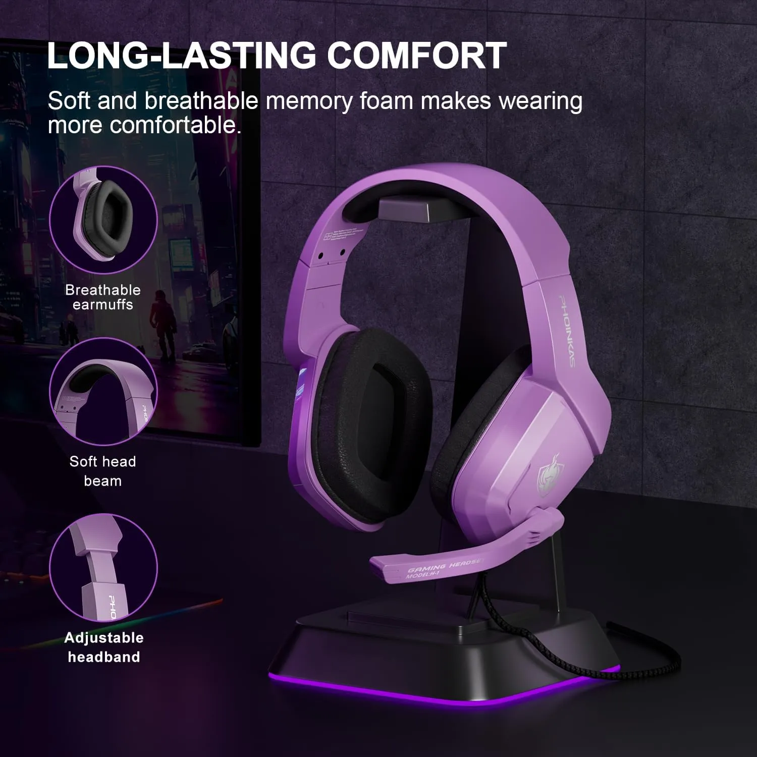 PHOINIKAS Gaming Headset for PS4, PS5, PC, Laptop, Stereo Over Ear Gaming Headphones with Noise-Canceling Mic, Gaming Headsets for XboxOne, Switch, Laptop, Mac, Phone (Purple)