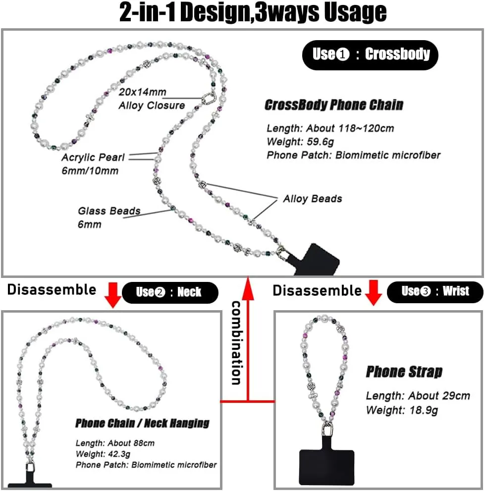 Phone Crossbody Strap, 2in1 Wrist Charm&Shoulder Lanyard,3Ways Usage Free to Assembly and Disassembly Phone Strap with Tether Patches for Most Phones Bag Purse (R)