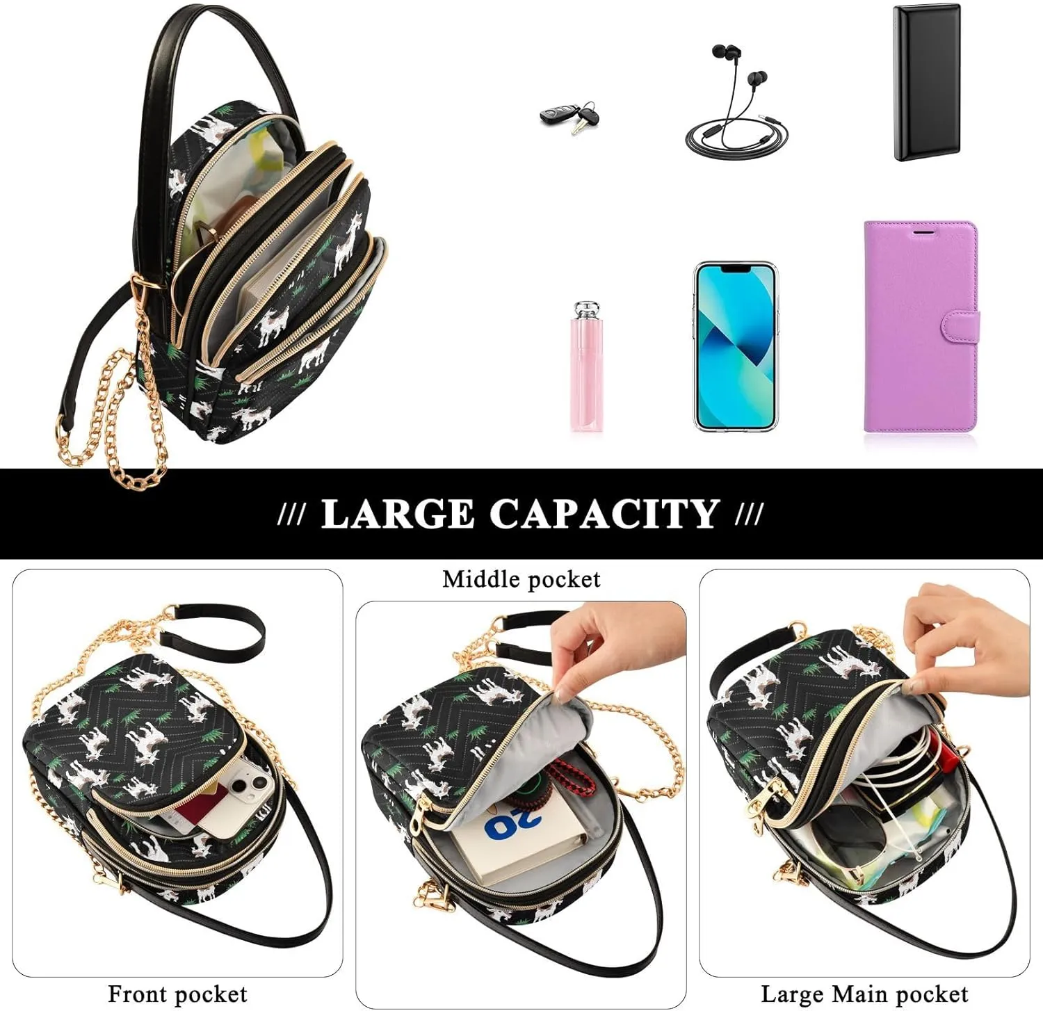 Phone Purses for Women Goats Casual Printing Shoulder Phone Purse Chain Purse for Women