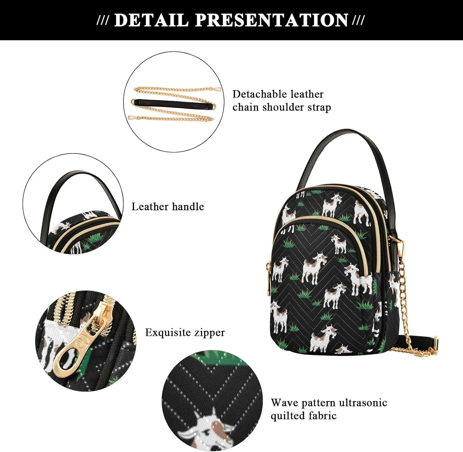 Phone Purses for Women Goats Casual Printing Shoulder Phone Purse Chain Purse for Women