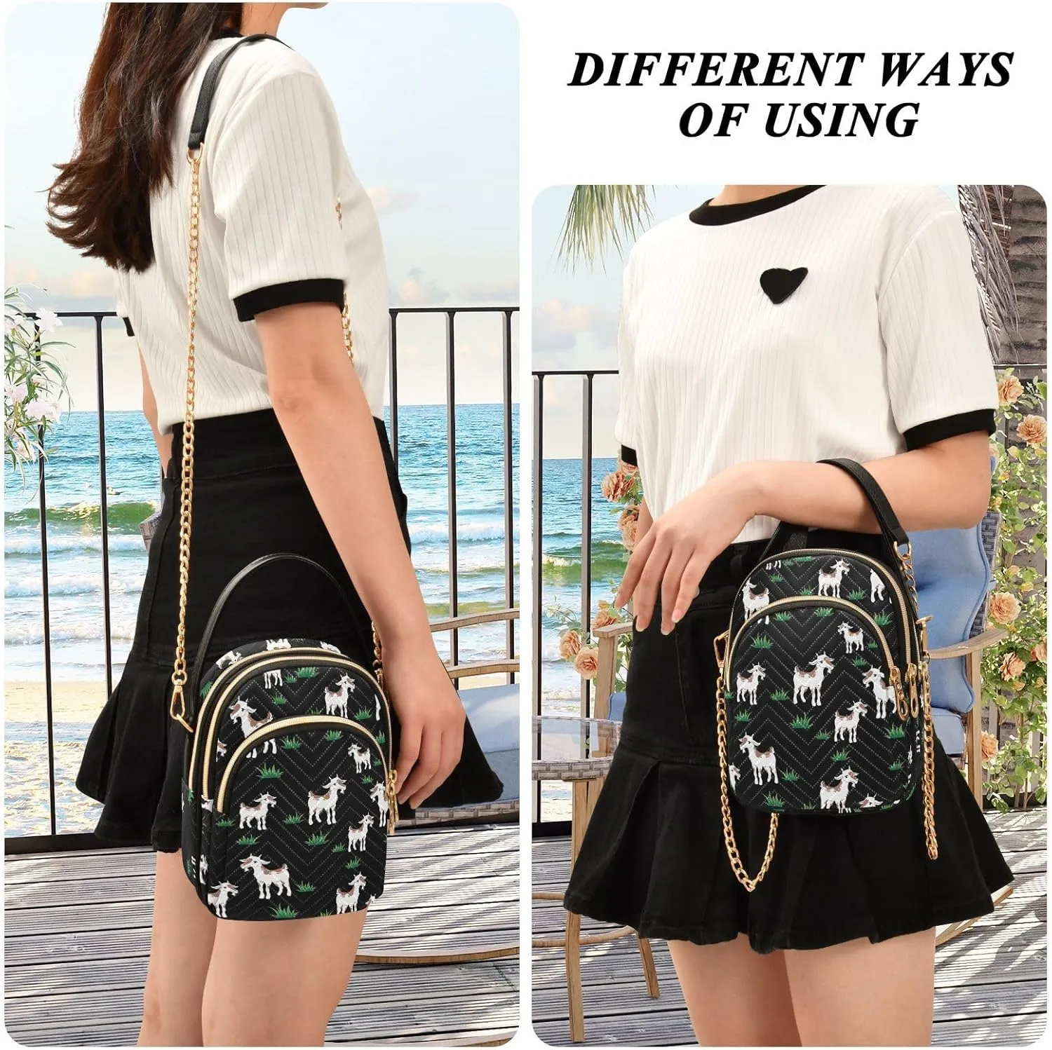 Phone Purses for Women Goats Casual Printing Shoulder Phone Purse Chain Purse for Women