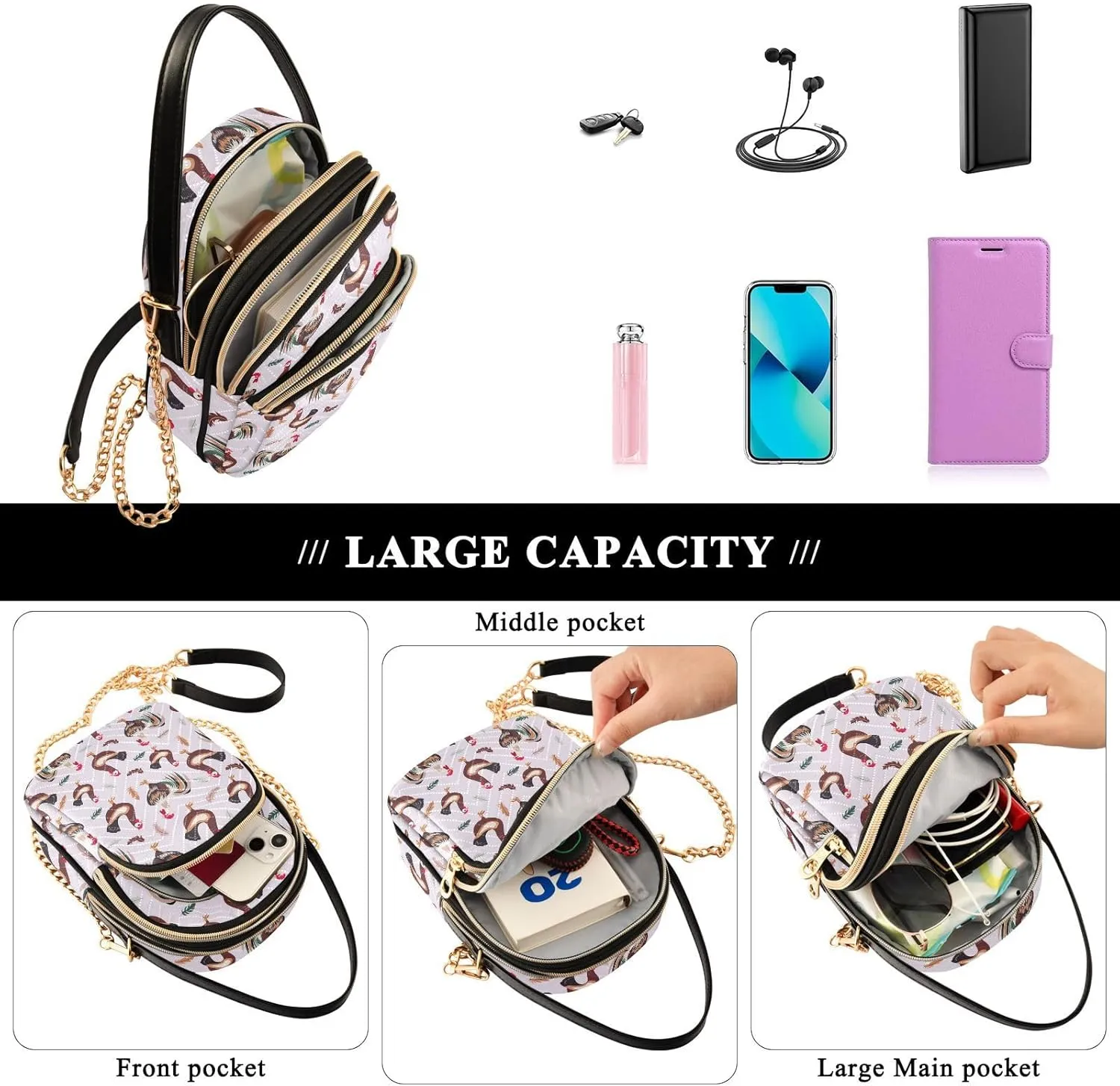 Phone Purses for Women Goats Casual Printing Shoulder Phone Purse Chain Purse for Women