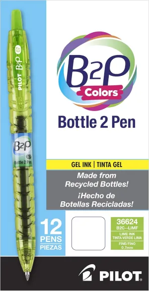 PILOT B2P Colors - Bottle To Pen Refillable & Retractable Rolling Ball Gel Pen Made From Recycled Bottles, Fine Point, Lime Green G2 Ink/Barrel, 12-Pack (36624)