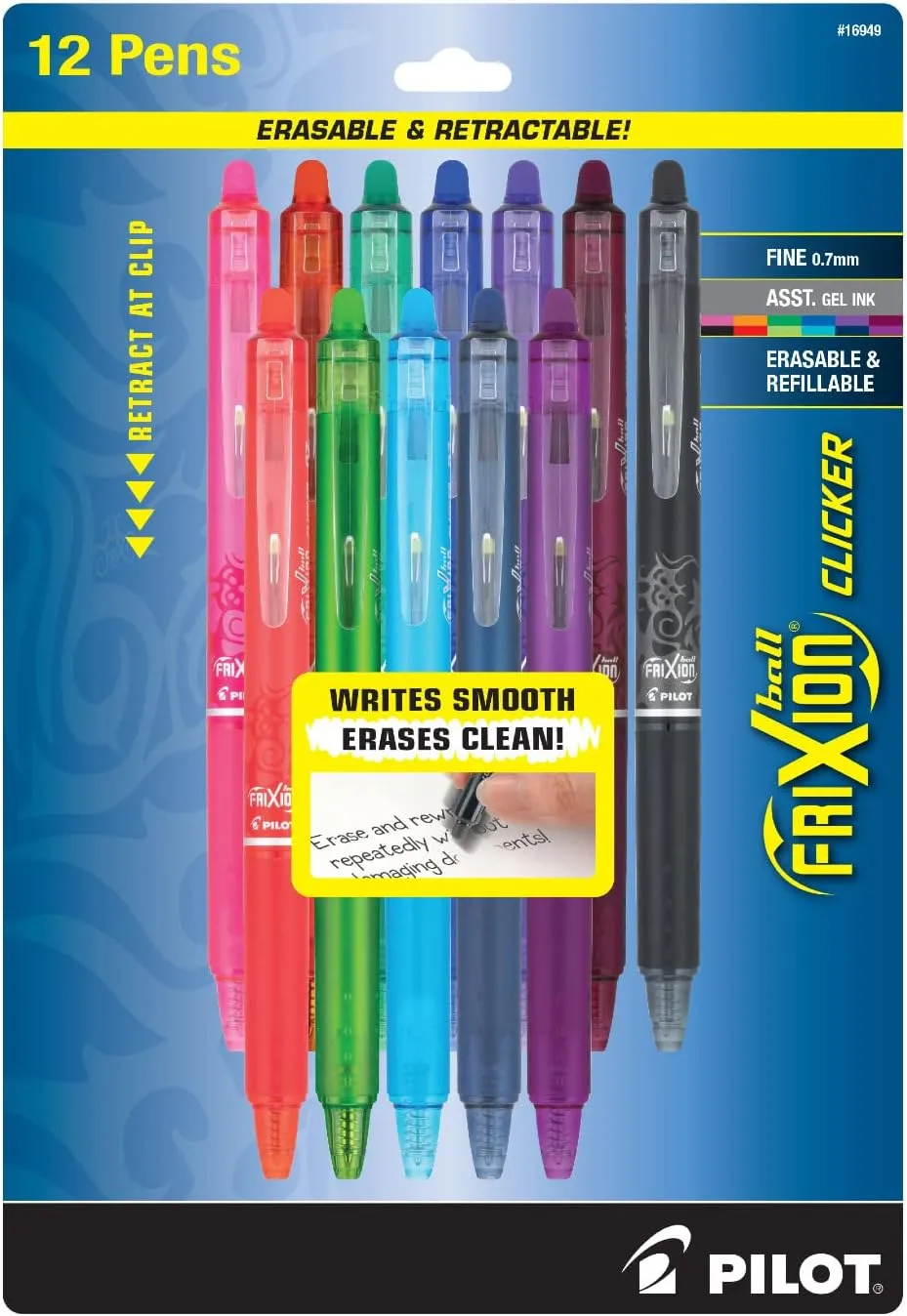Pilot Frixion Clicker Erasable Gel Pen, Fine, 0.7 mm, Assorted Ink Colors, 12-Pack