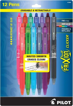 Pilot Frixion Clicker Erasable Gel Pen, Fine, 0.7 mm, Assorted Ink Colors, 12-Pack