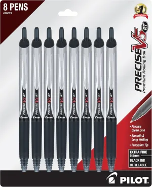 PILOT Precise V5 Retractable Rolling Ball Pen with Liquid Ink, Extra Fine Point (0.5mm) Black Ink, 8 Pens