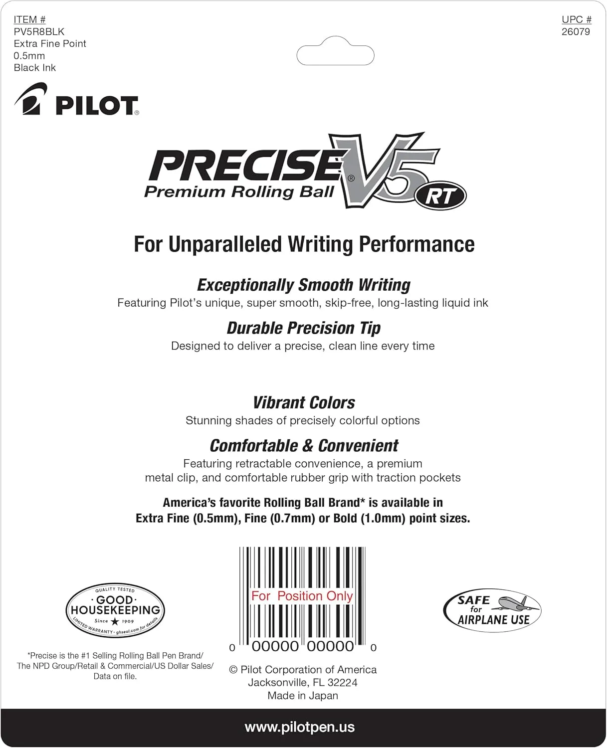 PILOT Precise V5 Retractable Rolling Ball Pen with Liquid Ink, Extra Fine Point (0.5mm) Black Ink, 8 Pens