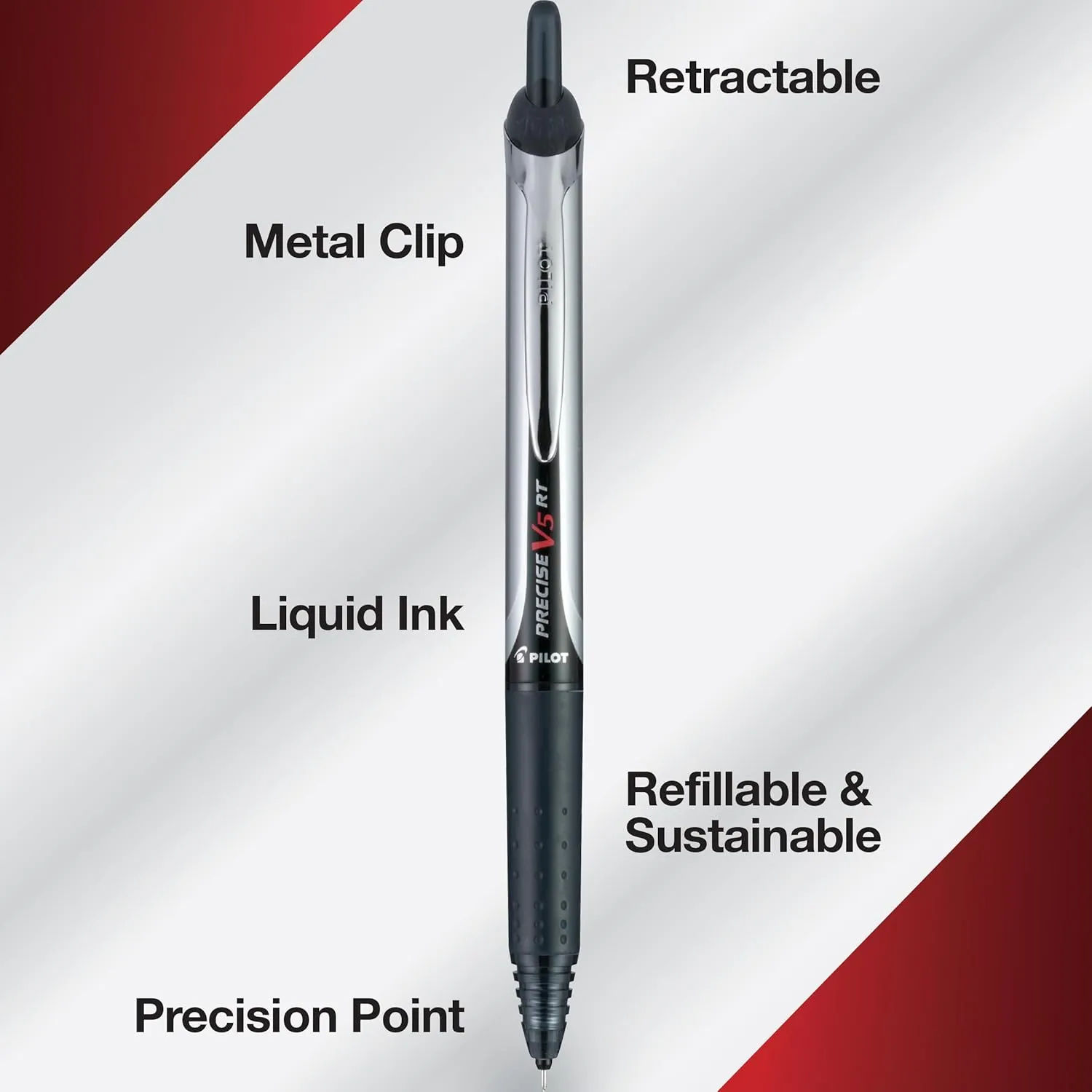 PILOT Precise V5 Retractable Rolling Ball Pen with Liquid Ink, Extra Fine Point (0.5mm) Black Ink, 8 Pens