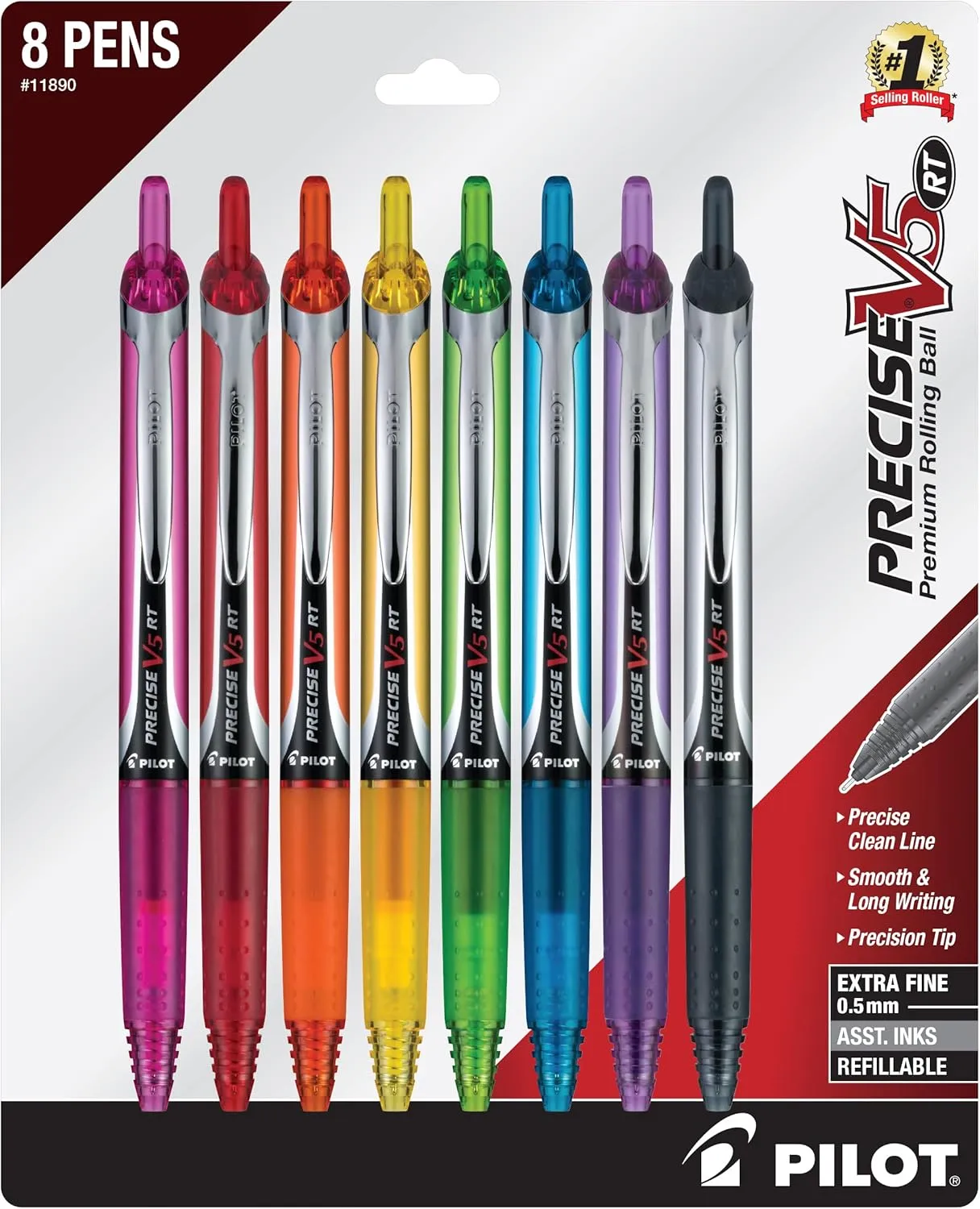 PILOT Precise V5 RT Extra-Fine Premium Retractable Rolling Ball Pens, 0.5mm, Assorted Colors, 8 Count (11890)