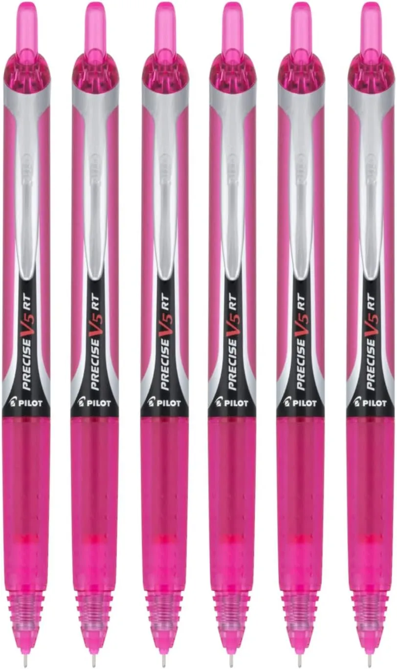 Pilot Precise V5 RT Refillable & Retractable Liquid Ink Rolling Ball Pens, Extra Fine Point (0.5mm) Pink Ink, 6-Pack