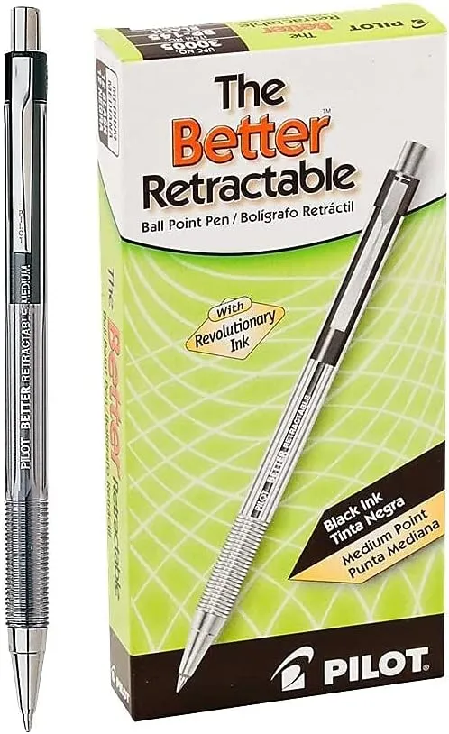 Pilot The Better Ball Point Pen Refillable & Retractable Ballpoint Pens, Medium Point, Black Ink, 12-Pack (30005)