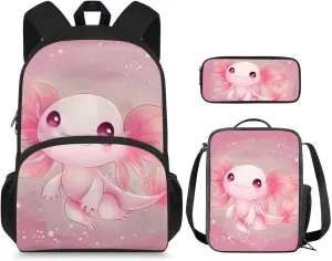 Pink Axolotl Print 3Pc Backpack Set for Girls Multi-Functional Adjustable Straps Crossbody School Bag Grease Proofing Recycle Food Bag for Travel Work Office Climbing School