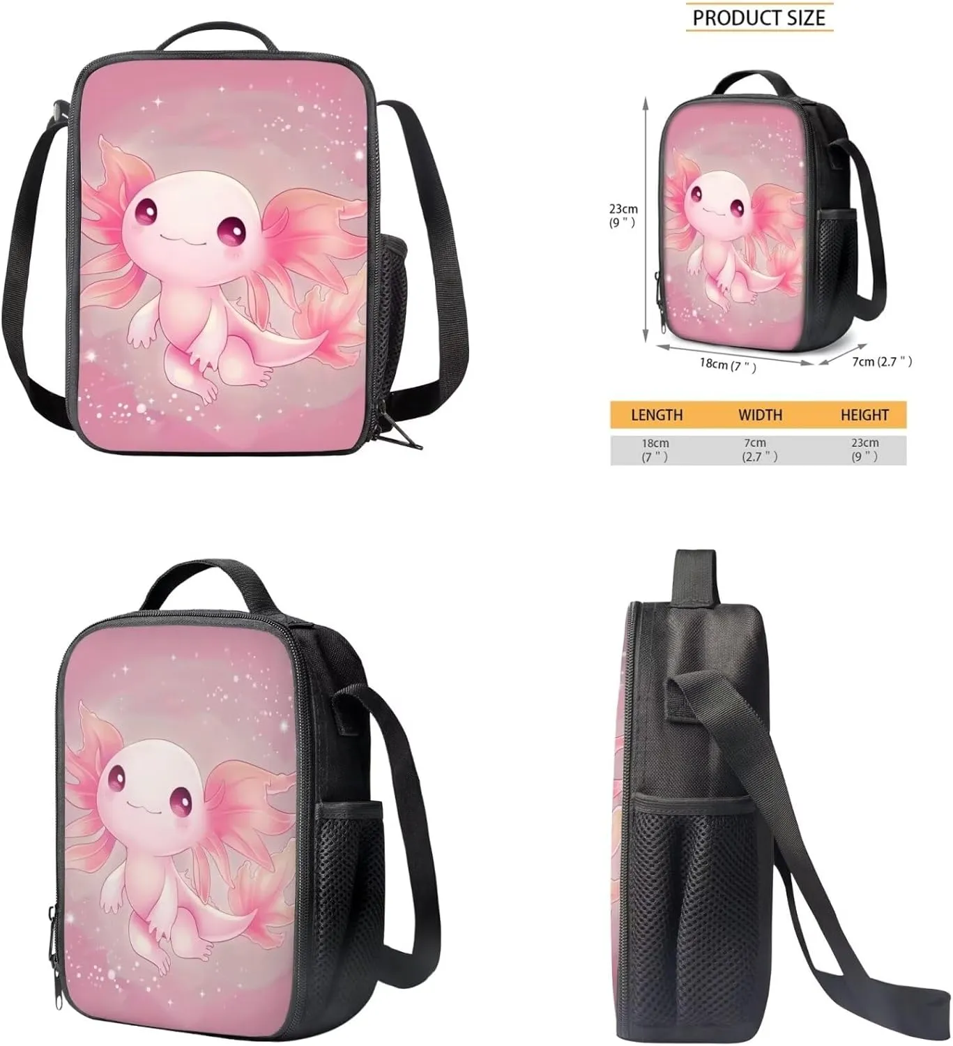 Pink Axolotl Print 3Pc Backpack Set for Girls Multi-Functional Adjustable Straps Crossbody School Bag Grease Proofing Recycle Food Bag for Travel Work Office Climbing School