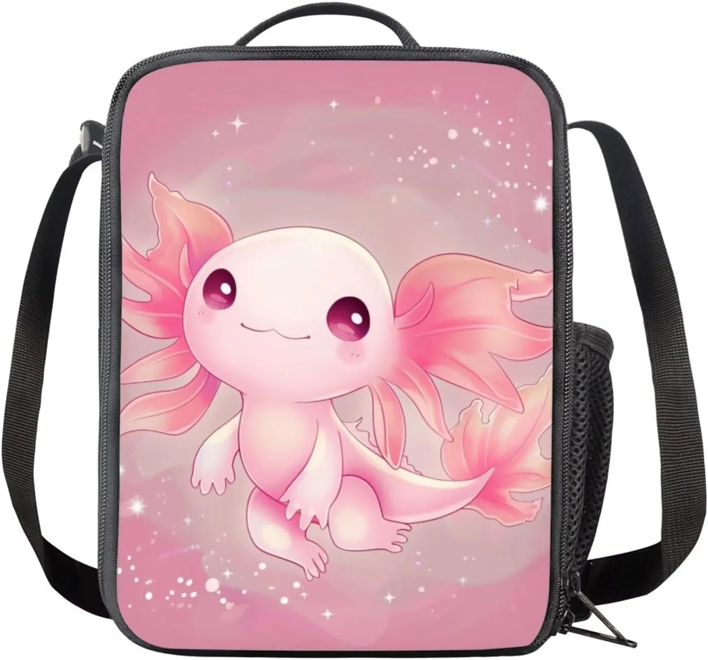 Pink Axolotl Print 3Pc Backpack Set for Girls Multi-Functional Adjustable Straps Crossbody School Bag Grease Proofing Recycle Food Bag for Travel Work Office Climbing School