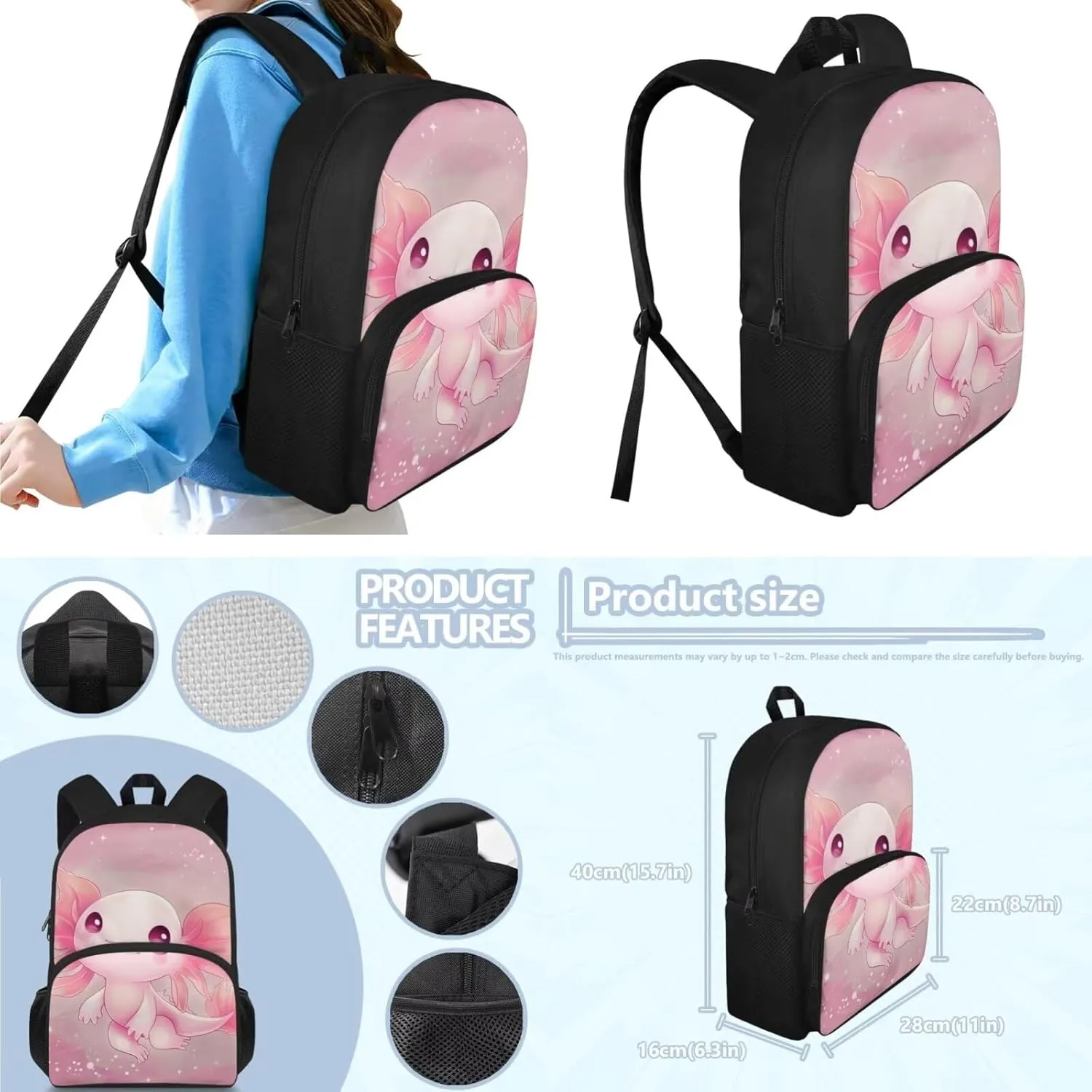Pink Axolotl Print 3Pc Backpack Set for Girls Multi-Functional Adjustable Straps Crossbody School Bag Grease Proofing Recycle Food Bag for Travel Work Office Climbing School