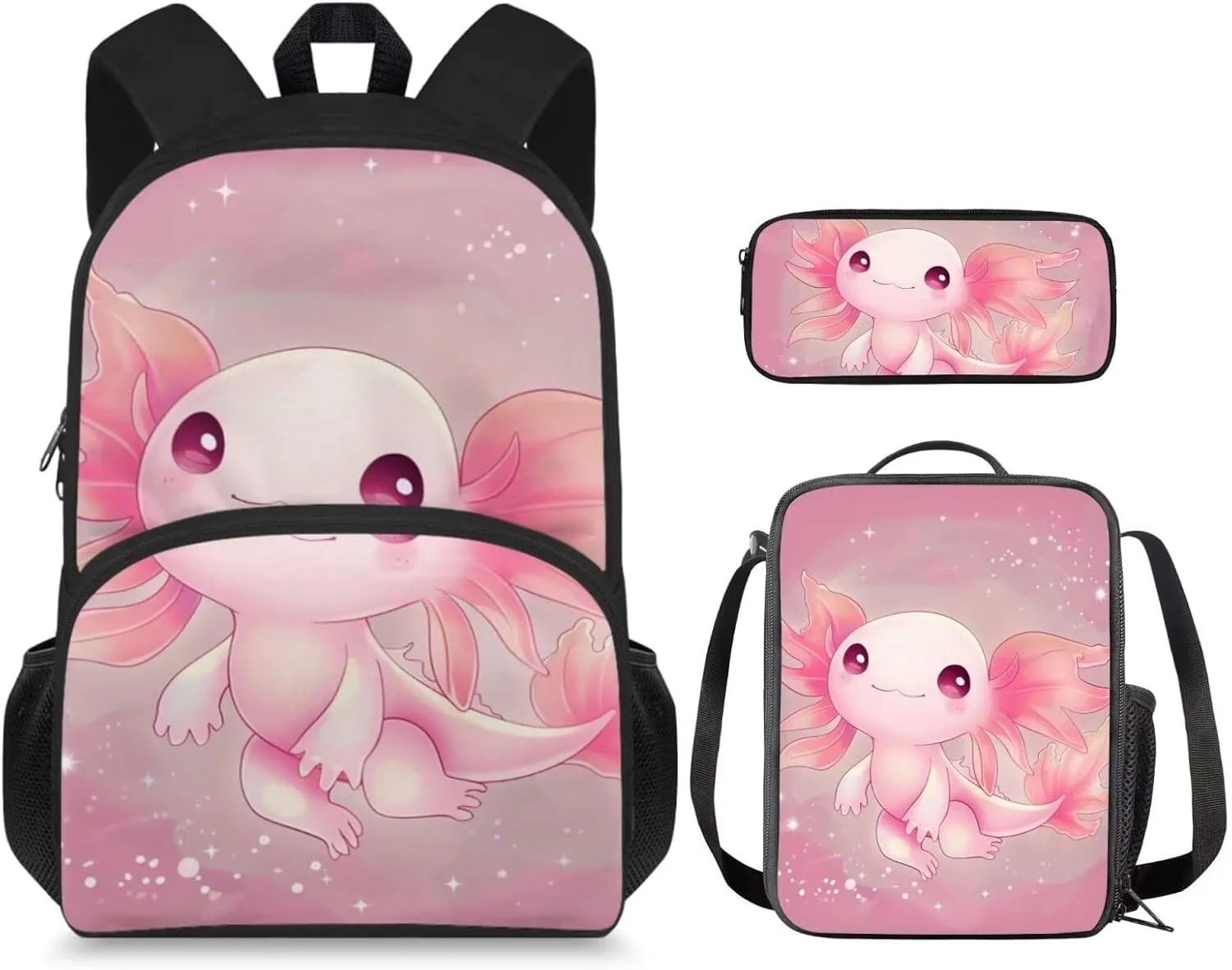 Pink Axolotl Print 3Pc Backpack Set for Girls Multi-Functional Adjustable Straps Crossbody School Bag Grease Proofing Recycle Food Bag for Travel Work Office Climbing School