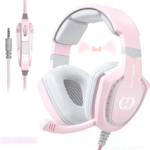 Pink Gaming Headset for Girls Women with Microphone, Bass, Stereo Surround Sound Wired Over-Ear Headphones with Mic for PC Mac Computer PS5 Xbox PS4 Laptop (Pink)