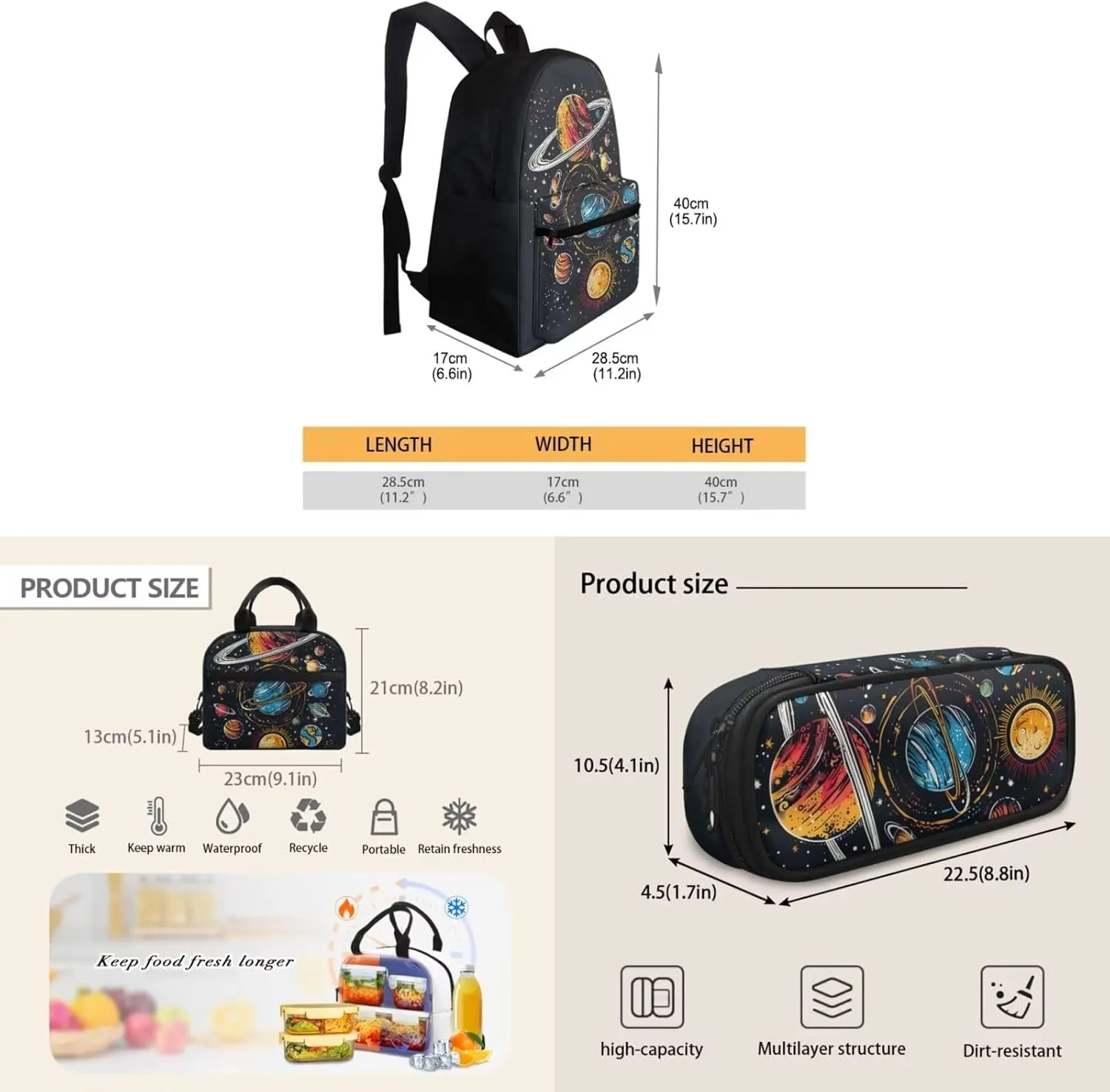 Planets Print Kids Backpack Set for Girls 8-12 Backpack for School 15 Inch Large Capacity Laptop Rucksack Waterproof Lunch Box Mini Pen Case for Travel Work Office Climbing School