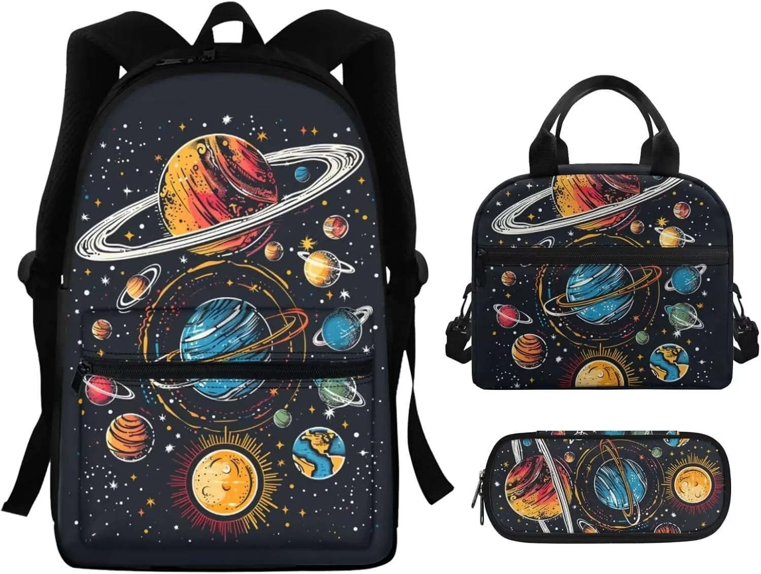 Planets Print Kids Backpack Set for Girls 8-12 Backpack for School 15 Inch Large Capacity Laptop Rucksack Waterproof Lunch Box Mini Pen Case for Travel Work Office Climbing School