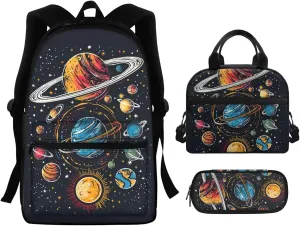 Planets Print Kids Backpack Set for Girls 8-12 Backpack for School 15 Inch Large Capacity Laptop Rucksack Waterproof Lunch Box Mini Pen Case for Travel Work Office Climbing School