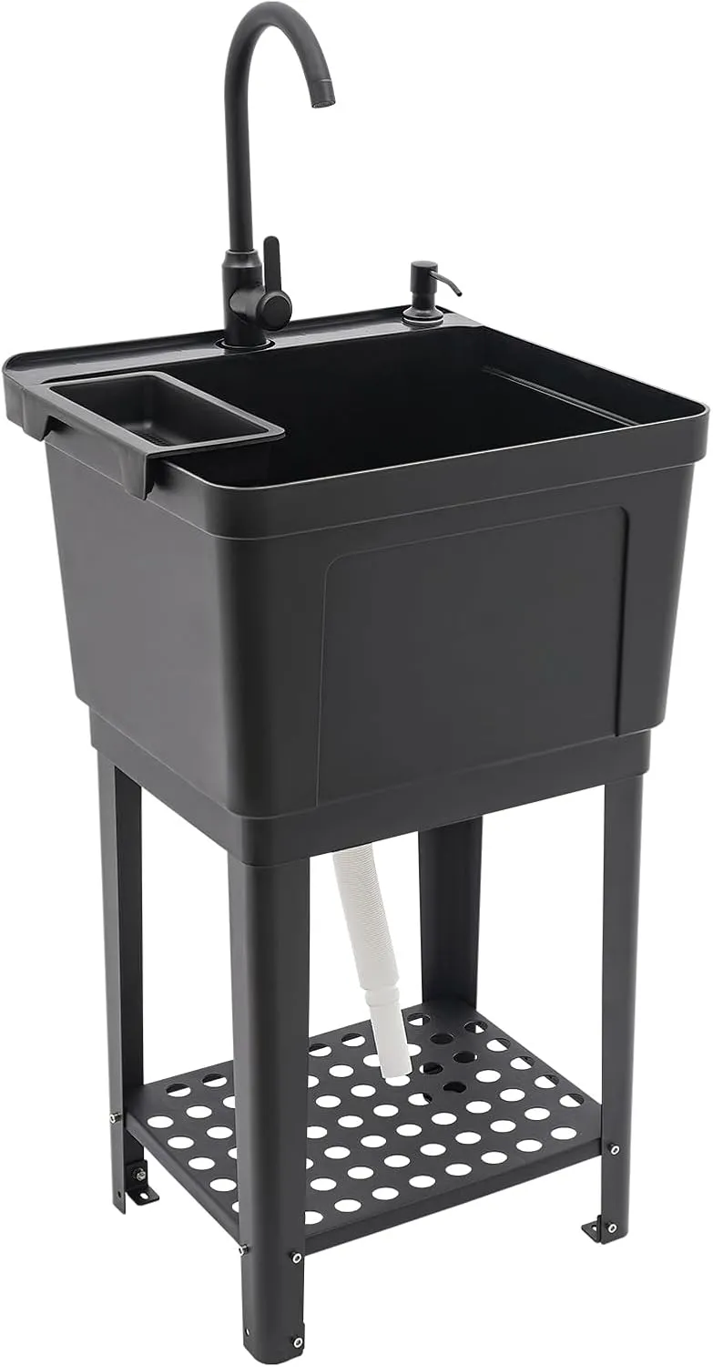 Plastic Laundry & Utility Room Sinks with Faucet, Freestanding Laundry Room Sink, Garage Sink, 19.69 * 18.9 * 33.07in Utility Tub Heavy Duty Compact Utility Sink for Laundry, Bathrooms,Garage (Black)