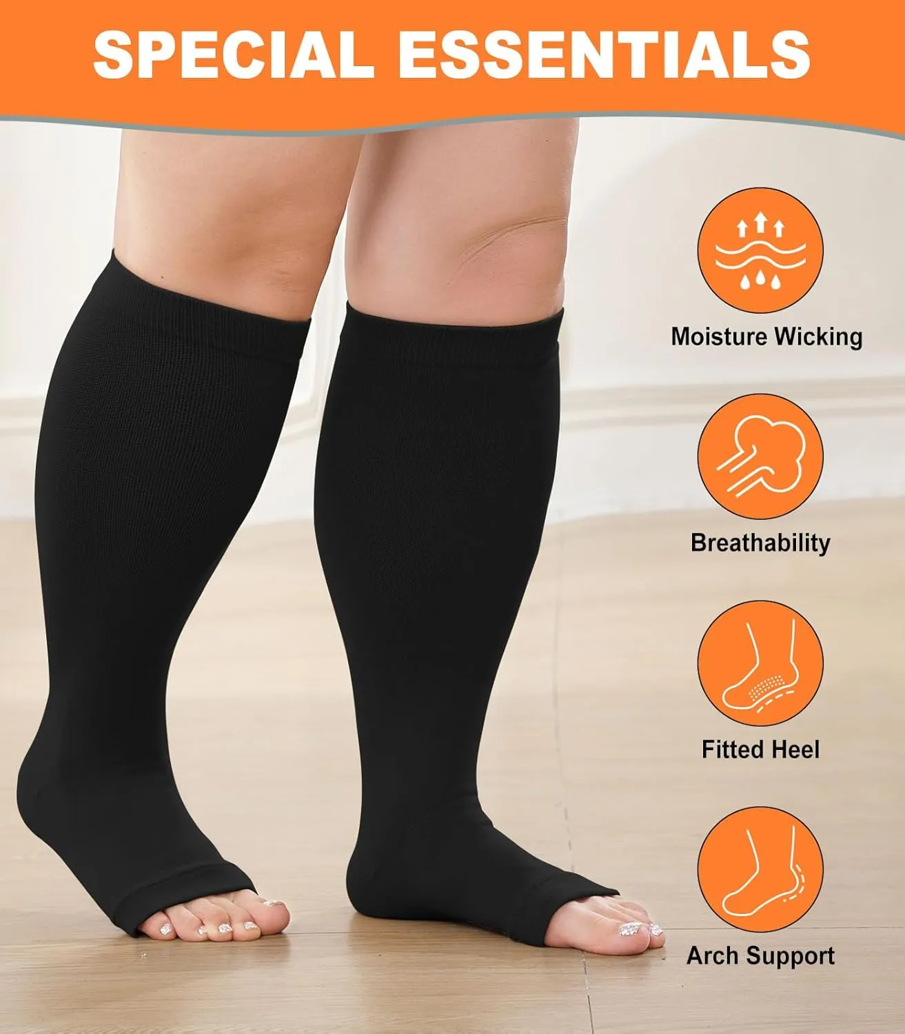 Plus Size Compression Socks: Wide Calf Toeless Stockings for Men Women - Open Toe 20-30 mmHg Compression Hose Support for Travel Nurses