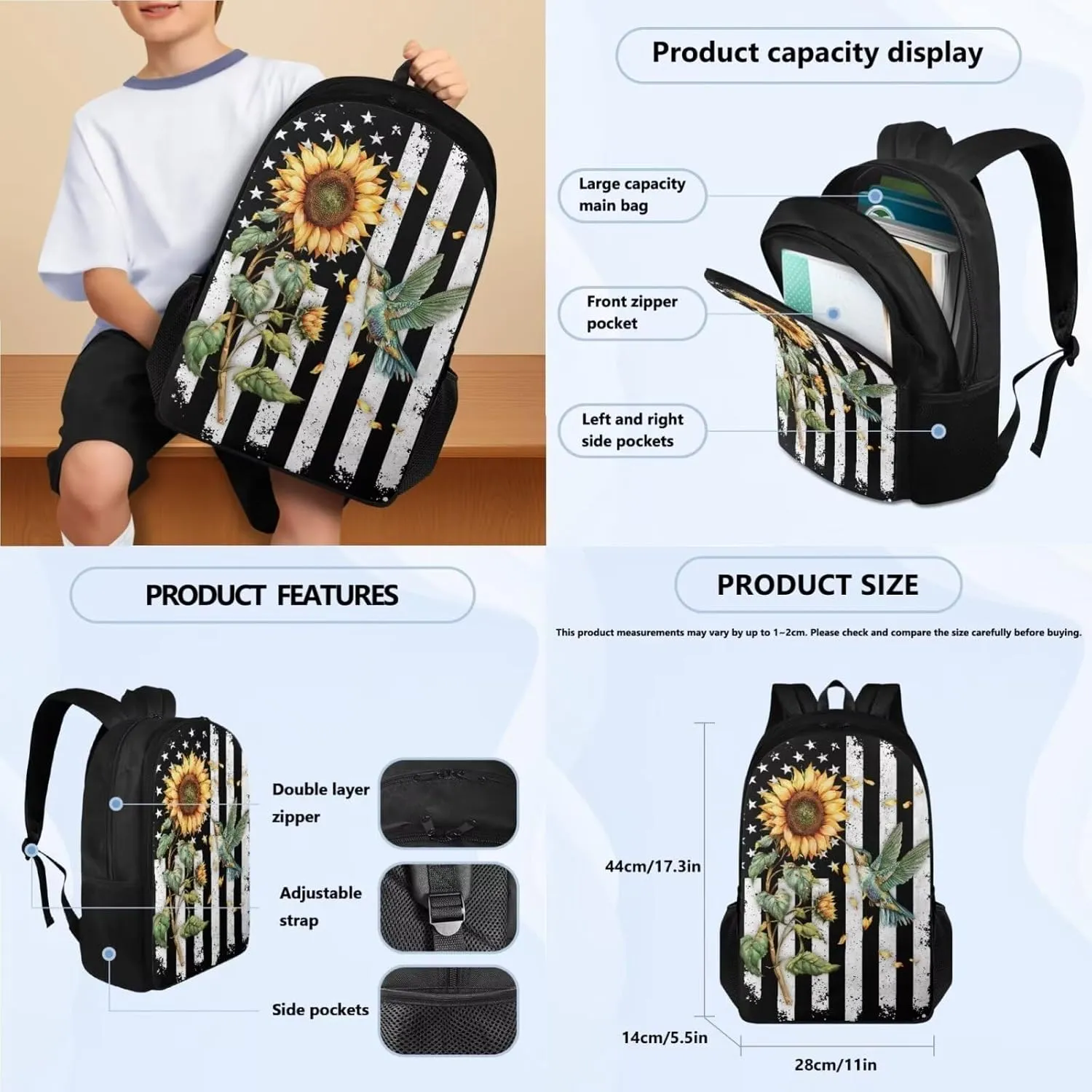 Poceacles American Flag Hummingbird Backpack Set for Boys Bookbag and Lunch Box Set of 3 School Book Bags for Elementary Primary 17 inch Bookbag for Girls with Lunch Bag Pencil Case School Supplies