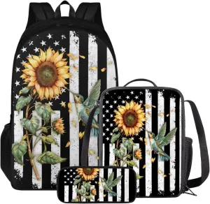 Poceacles American Flag Hummingbird Backpack Set for Boys Bookbag and Lunch Box Set of 3 School Book Bags for Elementary Primary 17 inch Bookbag for Girls with Lunch Bag Pencil Case School Supplies