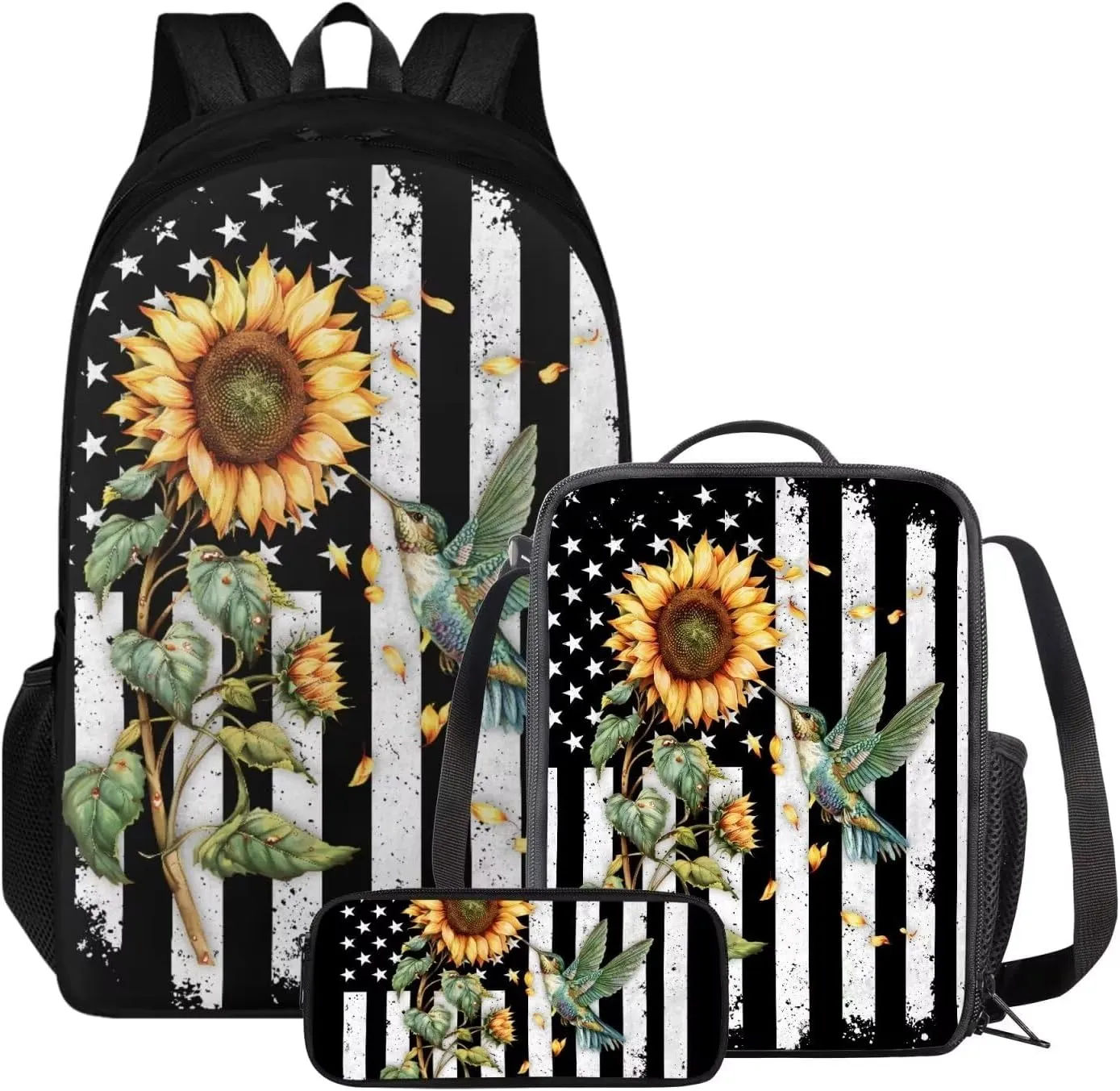 Poceacles American Flag Hummingbird Backpack Set for Boys Bookbag and Lunch Box Set of 3 School Book Bags for Elementary Primary 17 inch Bookbag for Girls with Lunch Bag Pencil Case School Supplies