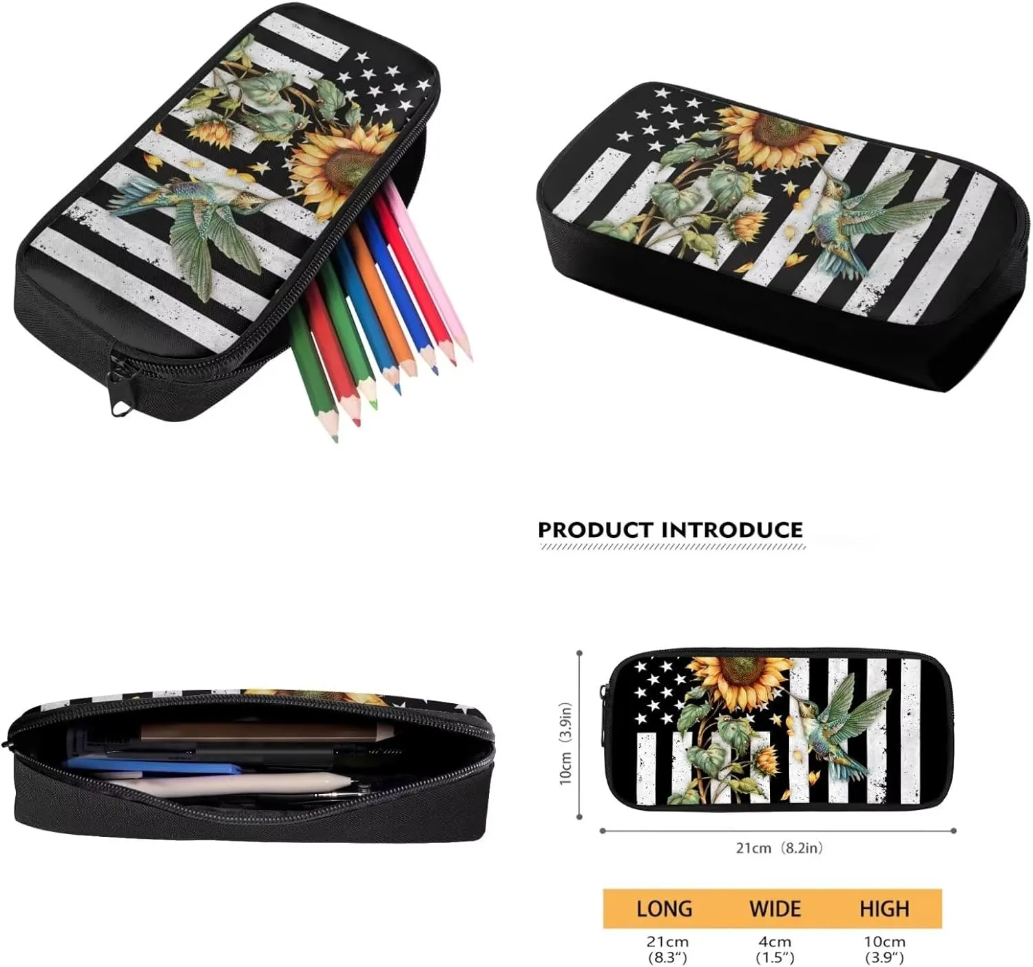 Poceacles American Flag Hummingbird Backpack Set for Boys Bookbag and Lunch Box Set of 3 School Book Bags for Elementary Primary 17 inch Bookbag for Girls with Lunch Bag Pencil Case School Supplies