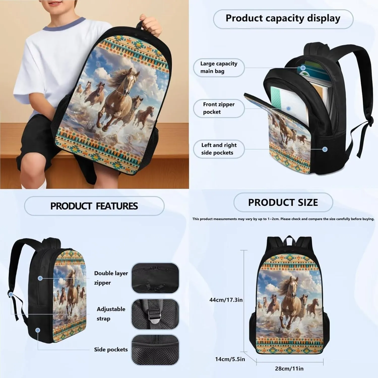 Poceacles Aztec Tribal Horse Backpack for School 6th Grade Girls 3 Grade School Bag Kids Bookbag with Lunch Box Pencil Case Set of 3 Lightweight 17 inch School Book Bag for Teens Kids Student