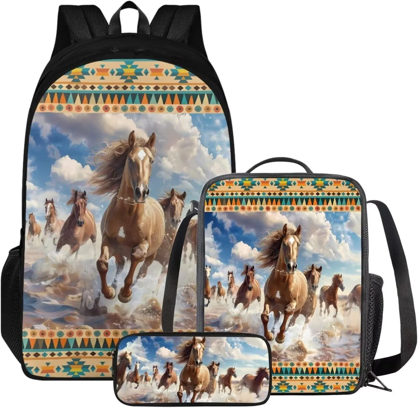 Poceacles Aztec Tribal Horse Backpack for School 6th Grade Girls 3 Grade School Bag Kids Bookbag with Lunch Box Pencil Case Set of 3 Lightweight 17 inch School Book Bag for Teens Kids Student