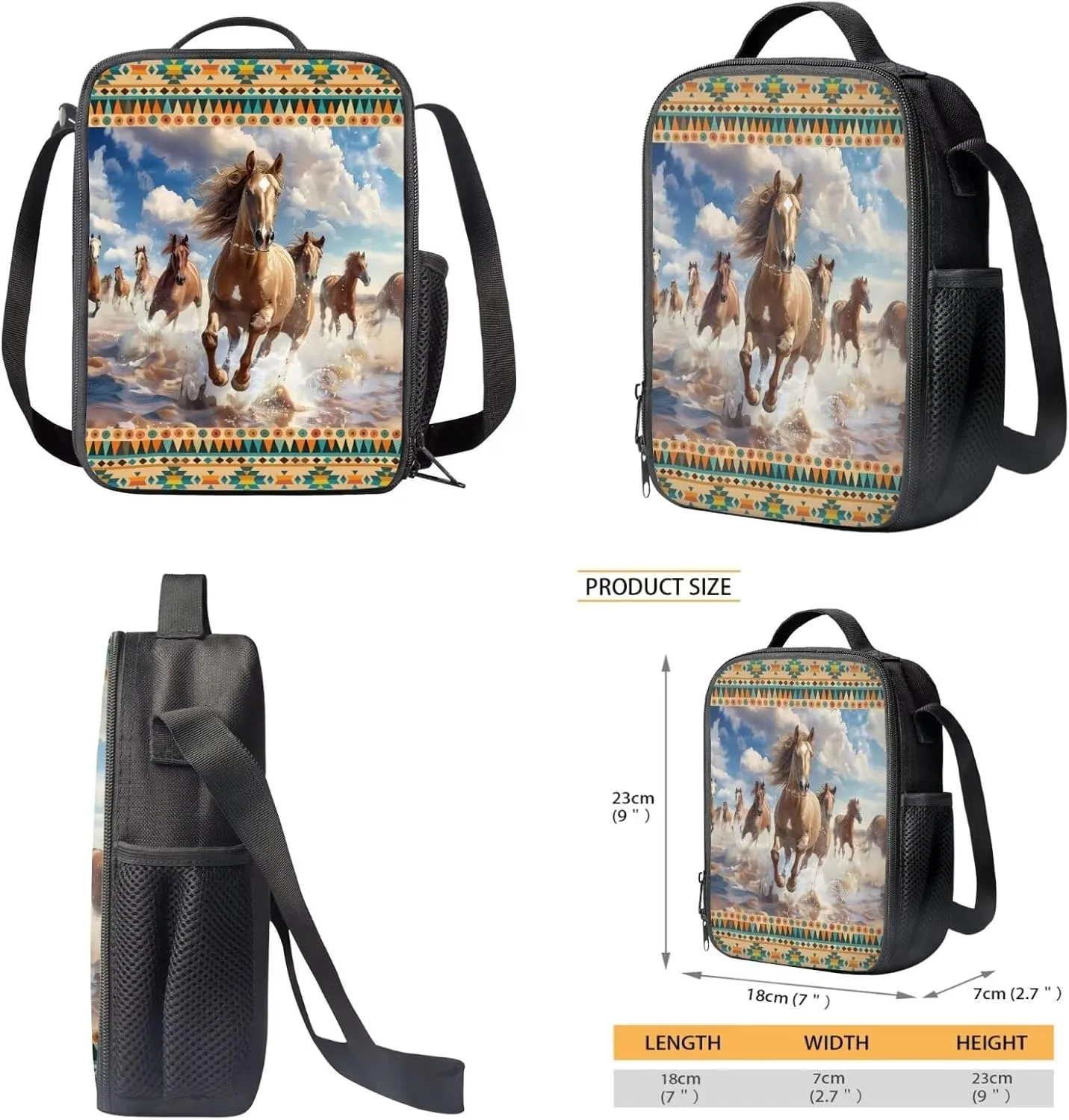 Poceacles Aztec Tribal Horse Backpack for School 6th Grade Girls 3 Grade School Bag Kids Bookbag with Lunch Box Pencil Case Set of 3 Lightweight 17 inch School Book Bag for Teens Kids Student