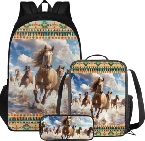 Poceacles Aztec Tribal Horse Backpack for School 6th Grade Girls 3 Grade School Bag Kids Bookbag with Lunch Box Pencil Case Set of 3 Lightweight 17 inch School Book Bag for Teens Kids Student