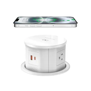 Pop Up Outlet with 15W Wireless Charger, 4 AC Outlets & PD 20W USB Fast Charging, 4.75 inch Desk Hole Power Grommet Connect 6FT Cord for Office, Conference, Kitchen Use(ETL & FCC Listed)