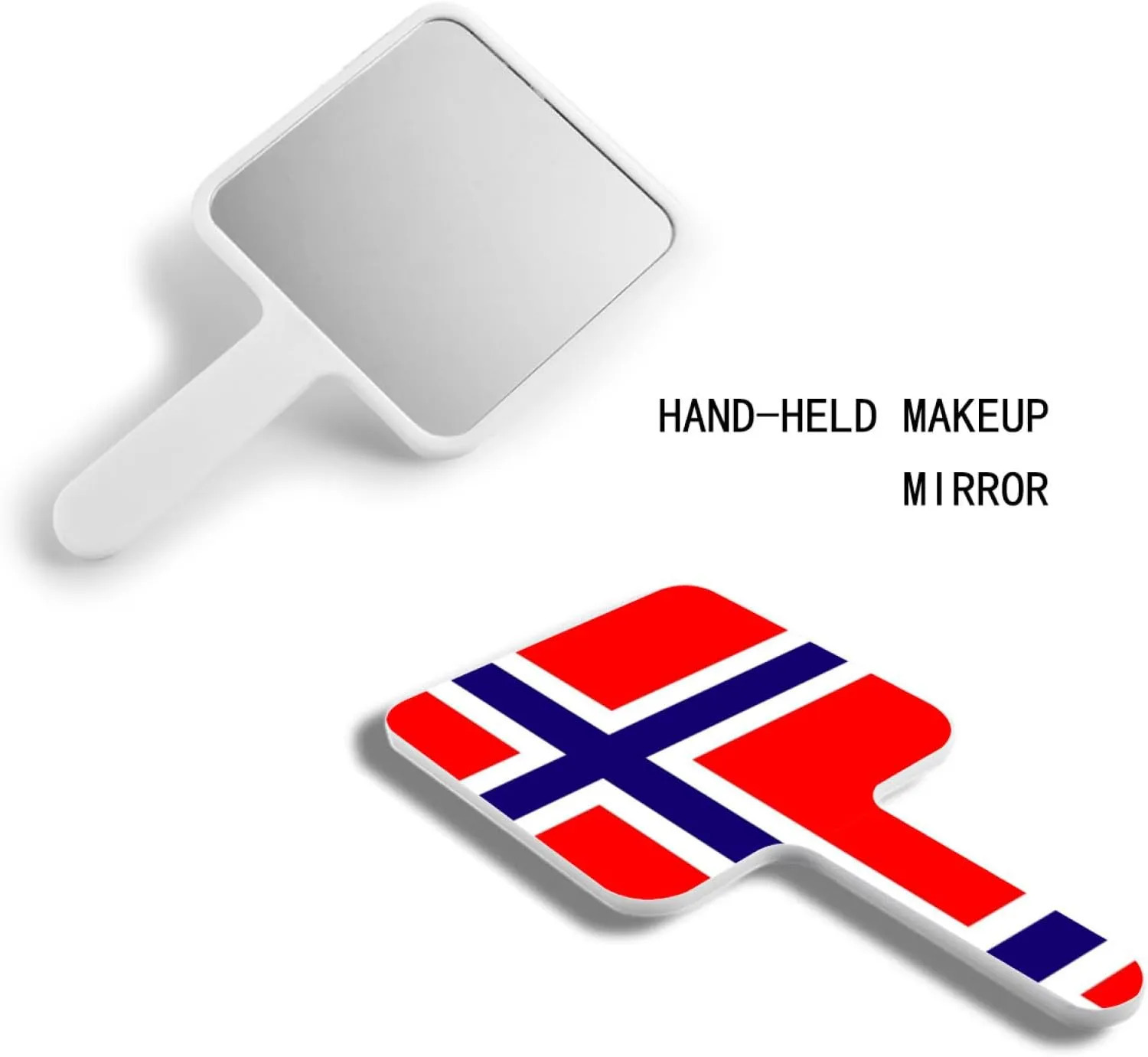Portable Travel Hand Mirror - Salon Barber Hairdressing Handheld Mirror with Handle, Novelty Norway Flag Pattern(Square) White 9×16Cm