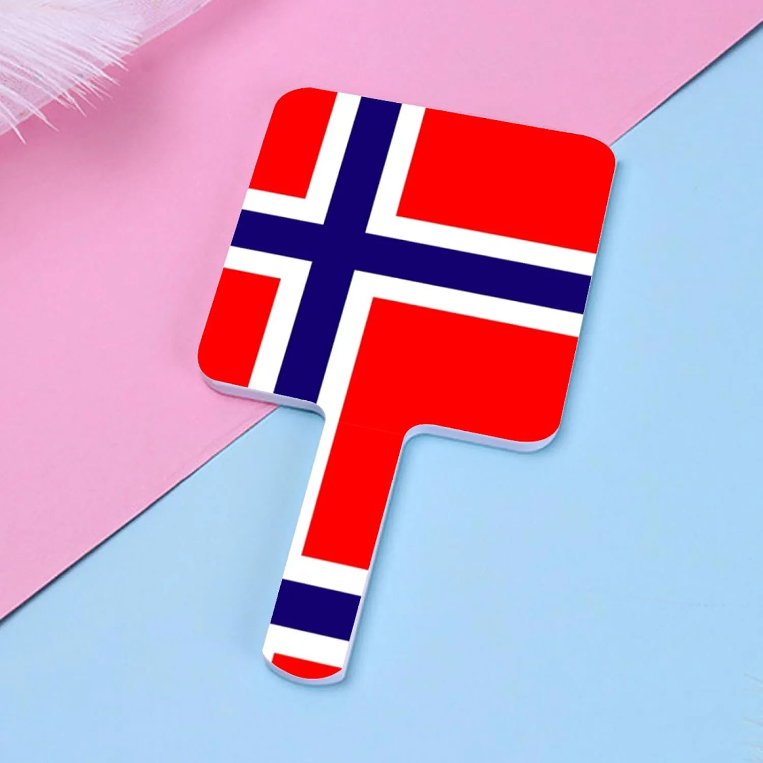 Portable Travel Hand Mirror - Salon Barber Hairdressing Handheld Mirror with Handle, Novelty Norway Flag Pattern(Square) White 9×16Cm