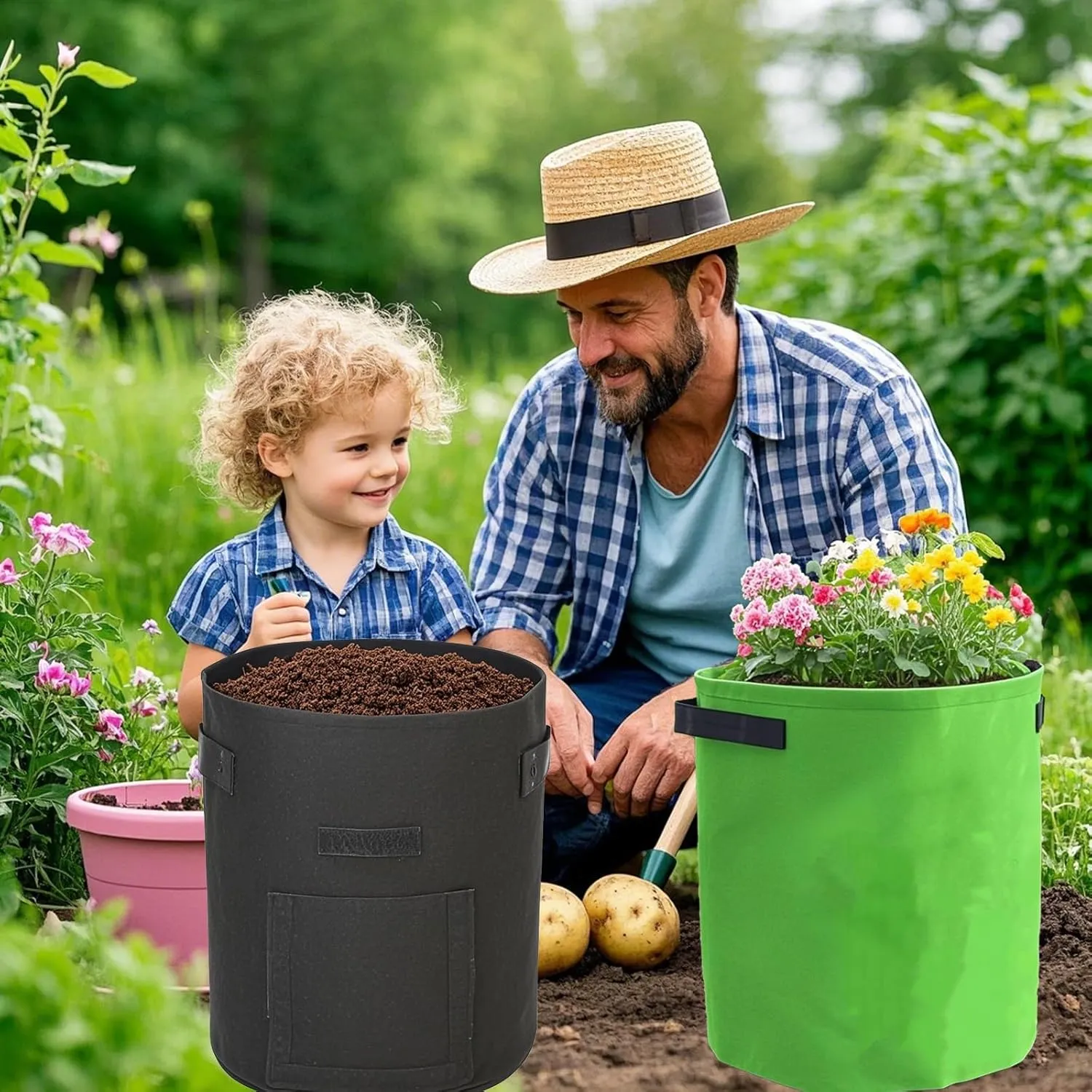 Potato Grow Bags with Access Flap, 2-Pack Garden Planter Bags, 10 Gallon Vegetable Growing Containers (Black)